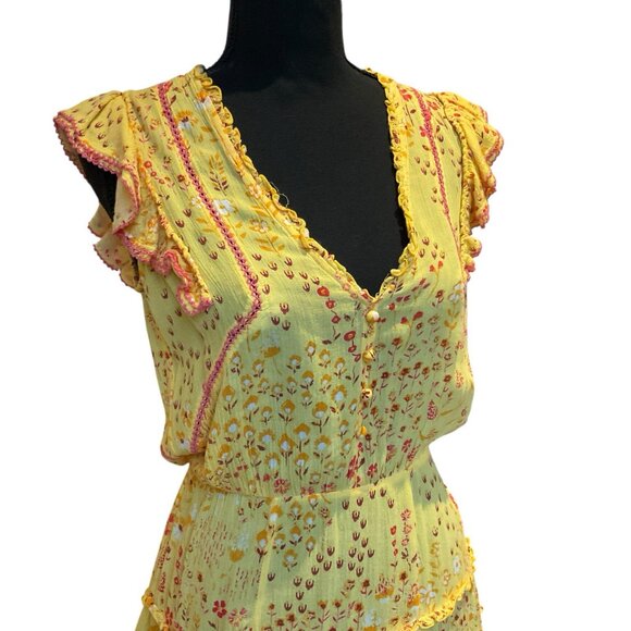 Poupette St Barth Mini Yellow Floral Sun Summer Dress XS V-neck Ruffle - Picture 8 of 13